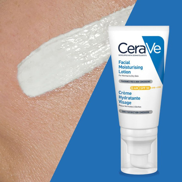 Model using CeraVe AM Facial Moisturising Lotion SPF50 with Ceramides & Vitamin E for Normal to Dry Skin 52ml