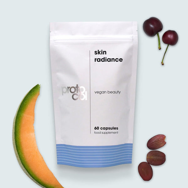 Proto-col Skin Radiance packet surrounded by fruit
