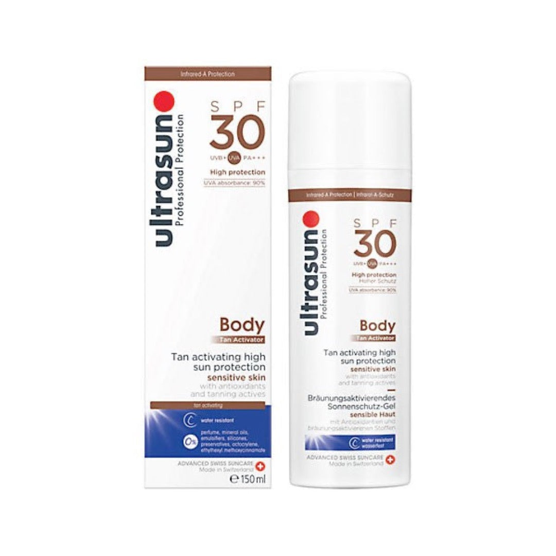 White Ultrasun Body Tan Activator SPF 30 - 150ml bottle with white box