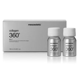 Two vials of mesoestetic Collagen 360 Degree Elixir in front of its box packaging