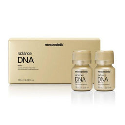 Two containers of mesoestetic Radiance DNA Elixir in front of its boxed packaging