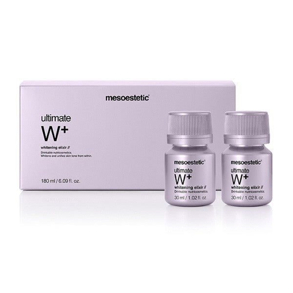 mesoestetic Ultimate W+ Whitening Elixir vials and packaing