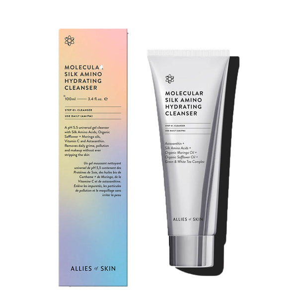 Allies of Skin Molecular Silk Amino Hydrating Cleanser and colourful packaging