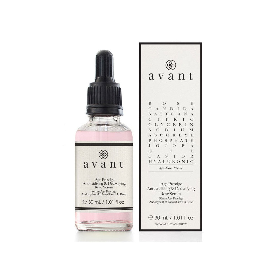 Avant Skincare Age Prestige Antioxidising & Detoxifying Rose Serum and packaging 