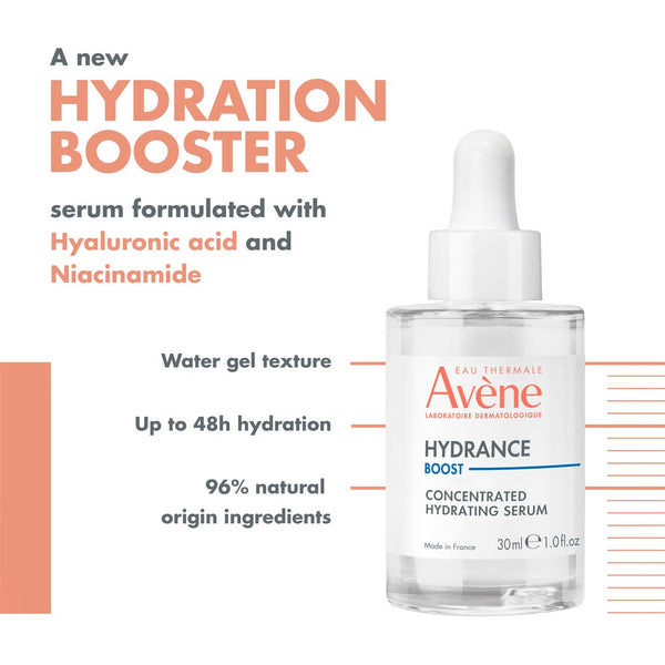 A new hydration booster serum formulated with hyaluronic acid and niacinamide, water gel texture, up to 48 hours hydration and 96% natural origin ingredients