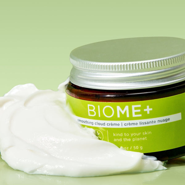 Image Skincare BIOME+ Smoothing Cloud Crème with its contents poured outside of the tub