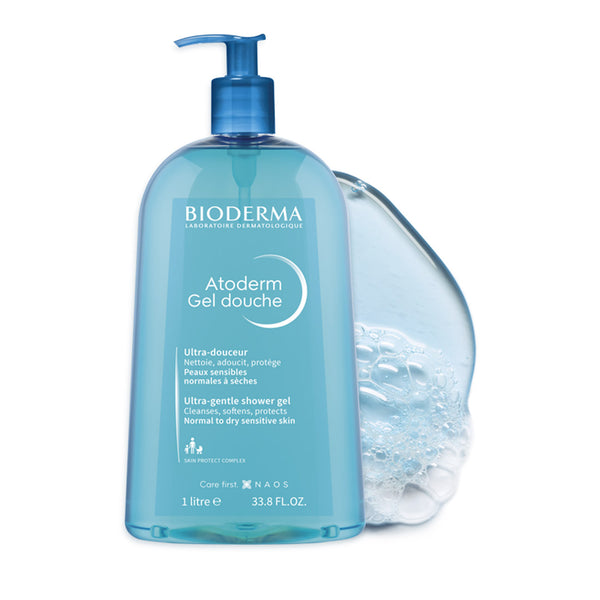 Bioderma Atoderm Body Wash for Normal to Dry Sensitive skin 1000ml with contents spilled behind it