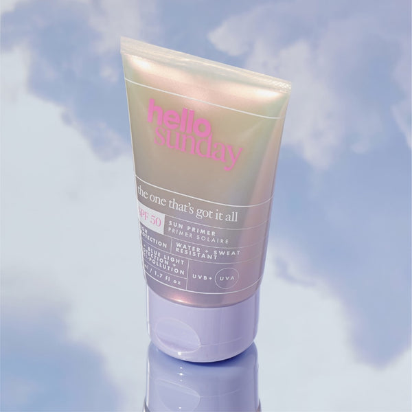 Hello Sunday The One That's Got It All Sun Primer SPF50 on a mirror facing the sky