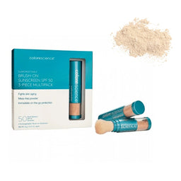 Colorescience Sunforgettable Total Protection Brush-On Shield SPF 50 Multipack with its powder contents poured behind its packaging 