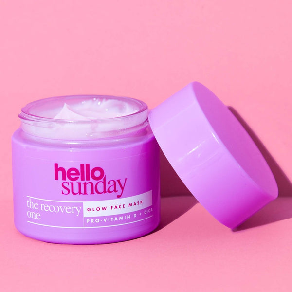 Hello Sunday The Recovery One Glow Face Mask with no lid on a pink surface 