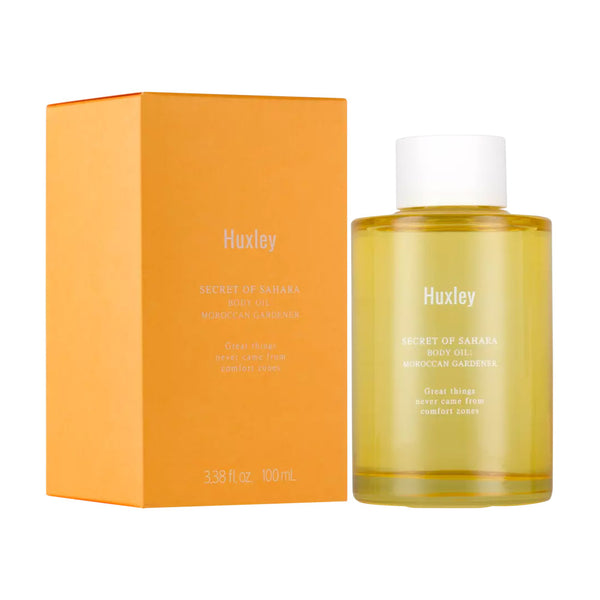 Huxley Body Oil; Moroccan Gardener and packaging 