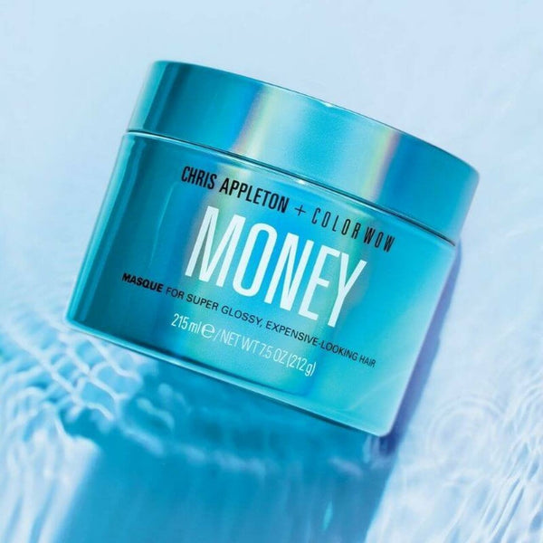 Color Wow Money Masque tub on a watery blue background
