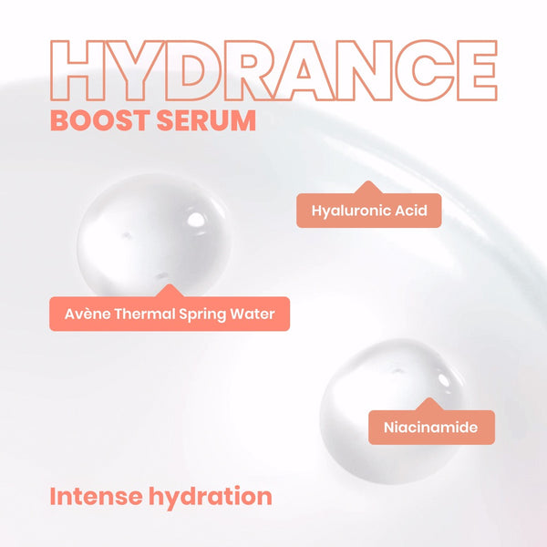 Hydrance boost serum, hyaluronic acid, avene thermal spring water, niacinamide, intense hydration