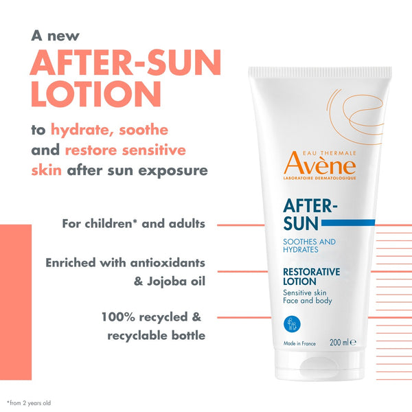 Information: a new after sun lotion to hydrate, soothe and restore sensitive skin after sun exposure for children and adults, enriched with anti oxidants and jojoba oil and 100% recycled and recyclable bottle