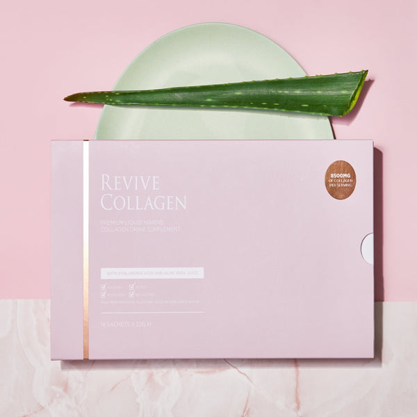 Revive Collagen Original 14 Days packaging with a slice of aloe vera