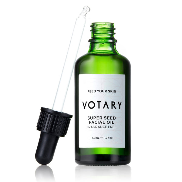 Green VOTARY Super Seed Facial Oil - Fragrance Free with pipette beside