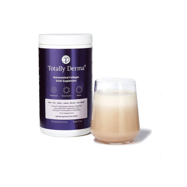 Purple Totally Derma Nutraceutical Collagen Drink Supplement tub with drink in glass next to it