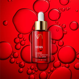 VENN Skincare Advanced Multi-Perfecting Red Oil Serum on red texture background