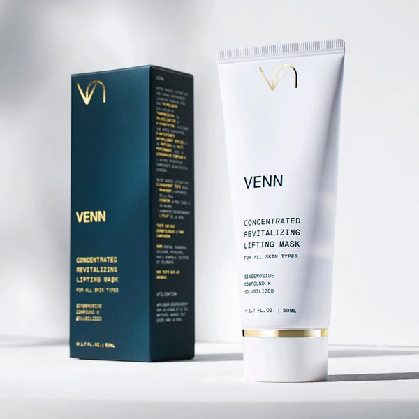 White VENN Skincare Concentrated Revitalizing Lifting Mask tube next to blue box