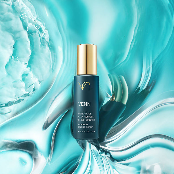 VENN Skincare Probiotics Cica Complex Biome Booster with blue textured background