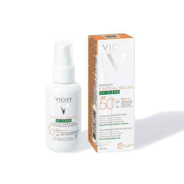 Vichy Capital Soleil UV-Clear Mattifying Sun Protection SPF50+ with Salicylic Acid for Blemish-Prone Skin 40ml bottle next to box