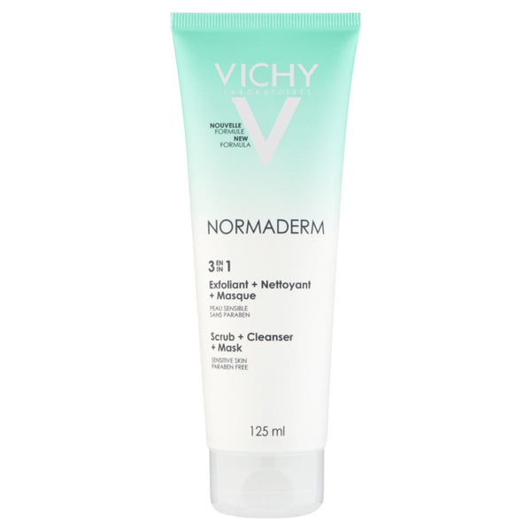 Green and white Vichy Normaderm 3-In-1 Mask, Scrub & Cleanser With Glycolic Acid For Blemish-Prone Skin 125ml tube