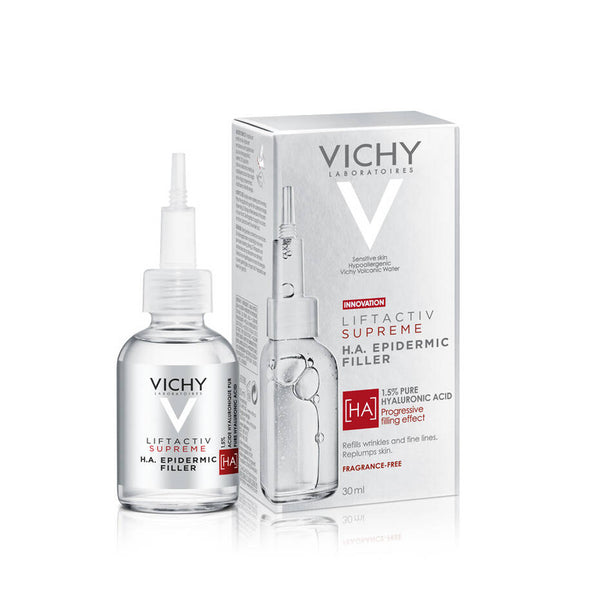 Silver Vichy Liftactiv H.A Epidermic Filler Smoothing 1.5%  Hyaluronic Acid Serum 30ml bottle next to box
