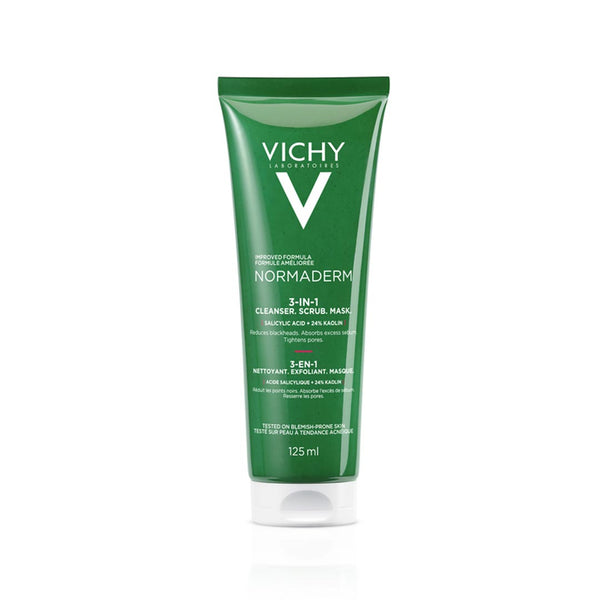 Green Vichy Normaderm 3-In-1 Mask, Scrub & Cleanser With Glycolic Acid For Blemish-Prone Skin 125ml tube