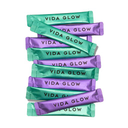 Green and purple Vida Glow Natural Marine Collagen Trial Pack satchets