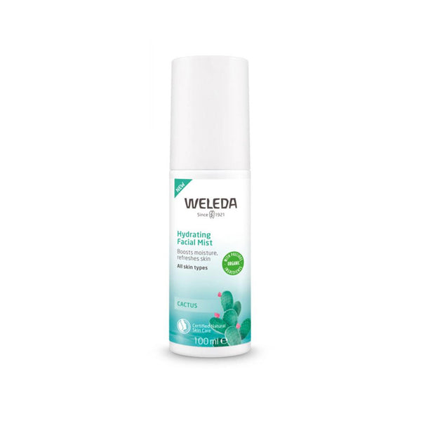 White and green Weleda 24h Hydrating Facial Mist bottle
