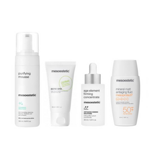 4 of the mesoestetic products - mesoestetic Purifying Mousse 150ml mesoestetic Acne One 50ml mesoestetic Age Element Firming Concentrate 30ml mesoestetic Mesoprotech Mineral Matt Antiaging Fluid SPF 50+ 50ml