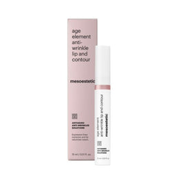 A mesoestetic Age Element Anti-wrinkle Lip & Contour tube and its packaging in a pink box