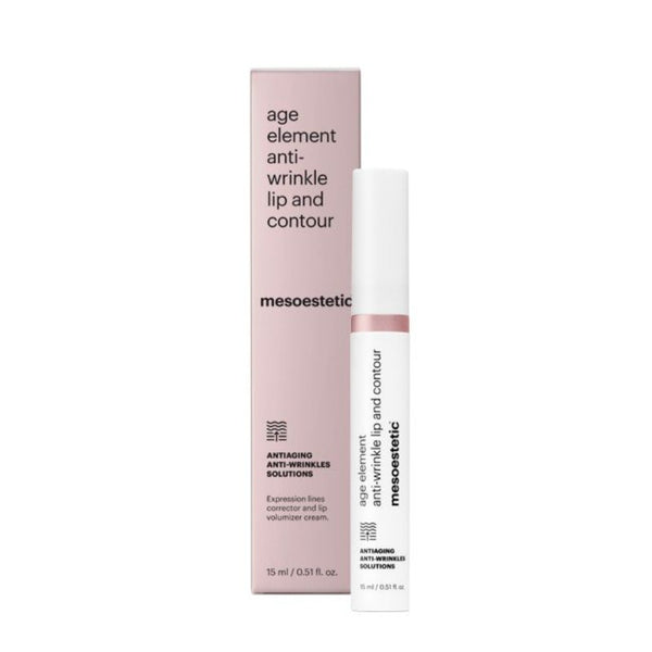 A mesoestetic Age Element Anti-wrinkle Lip & Contour tube and its packaging in a pink box