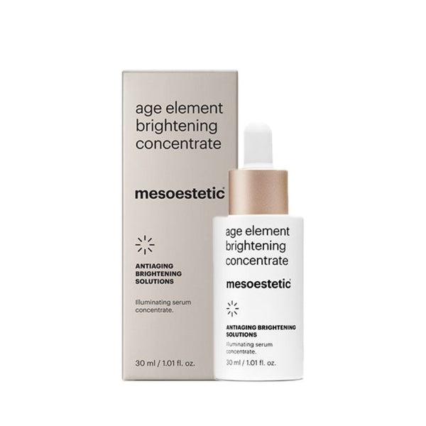 A vile of mesoestetic Age Element Brightening Concentrate and its packaging