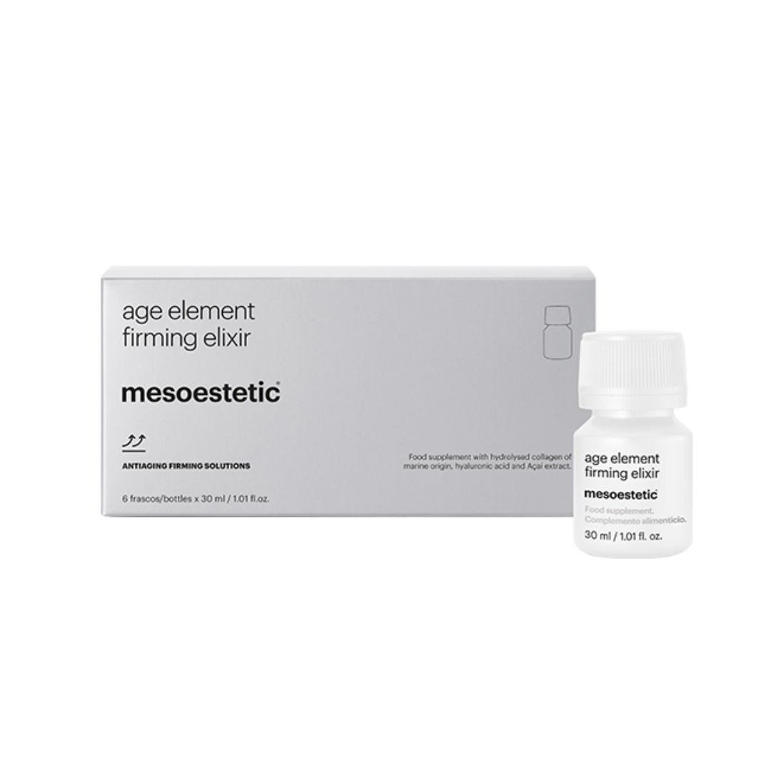 A vial of mesoestetic Age Element Firming Elixir in front of it packaging box