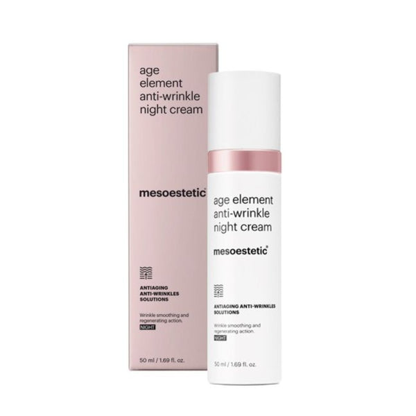 A container of mesoestetic Age Element Anti-wrinkle Night Cream and its packaging in a pink box