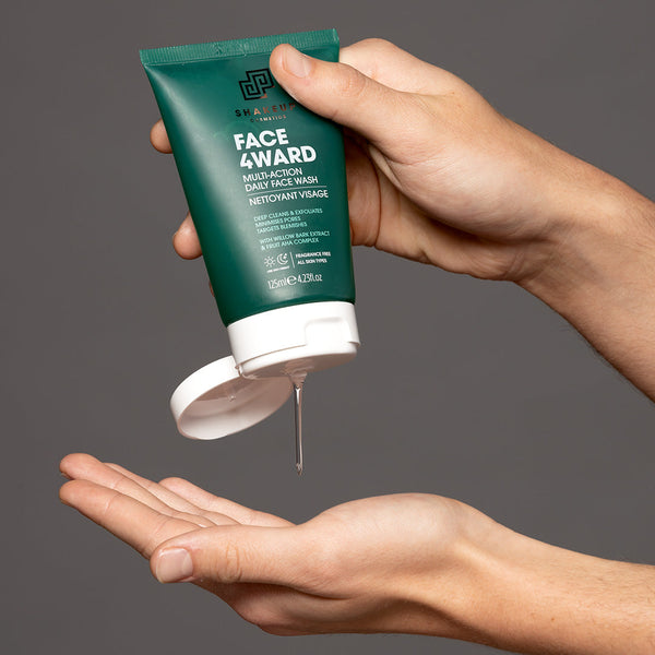 a tube of Shakeup Cosmetics Face 4Ward Face Wash being applied into a hand