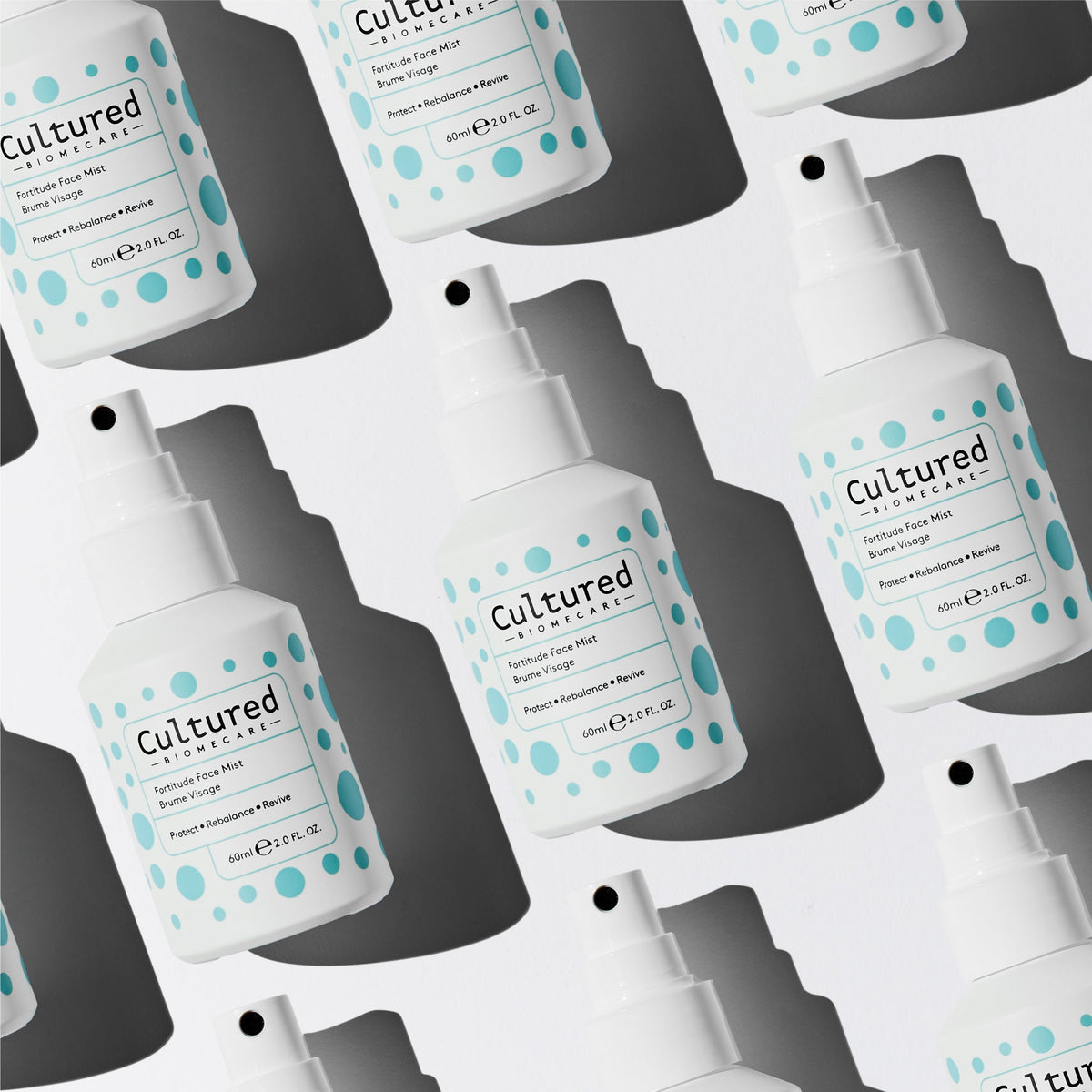 A range of cultured bottles arranged neatly on a white background