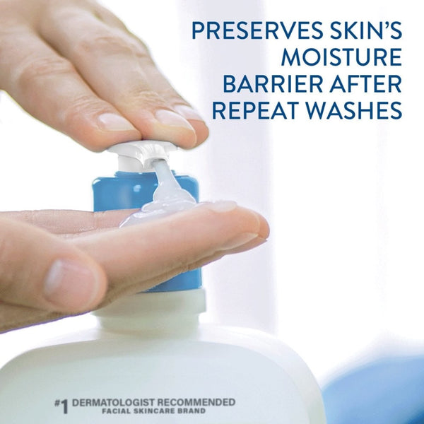 Model pouring contents onto hand, Text: preserves skins moisture barrier after repeat washes