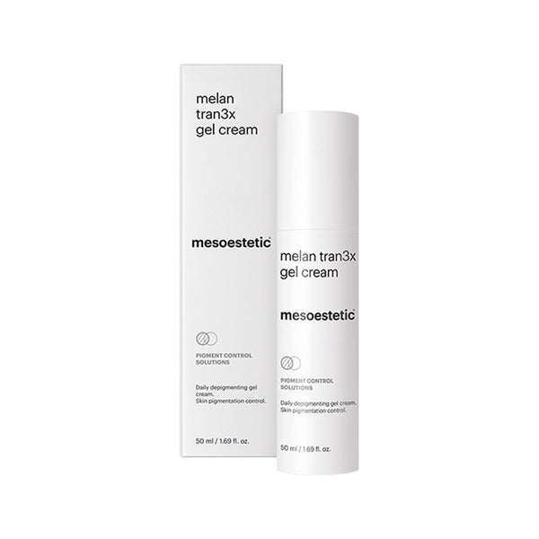 mesoestetic Melan Tran3x Daily Depigmenting Gel Cream tube and packaging