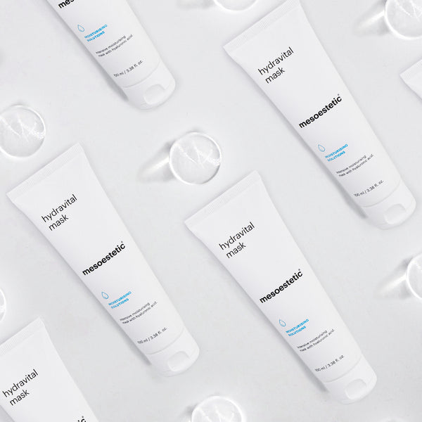 multiple mesoestetic Hydravital Mask layed out horizontally 