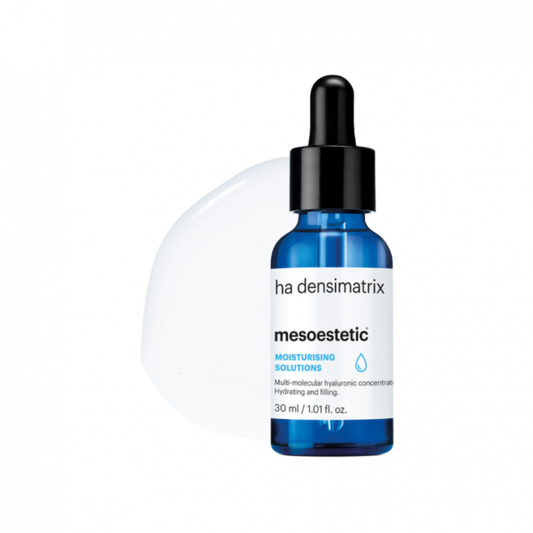 Vial of mesoestetic HA Densimatrix with its white contents poured behind it
