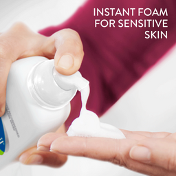 Model pouring Cetaphil Pro Sensitive Red Face Wash onto their hand. Text: Instant foam for sensititve skin