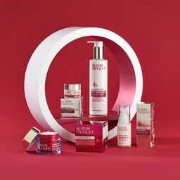 Hexapeptide cleansing milk, eye cream, serum and night cream placed in and around white circular prop on red background