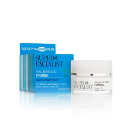 Hyaluronic acid night cream jar next to blue carton packaging in front of a white background