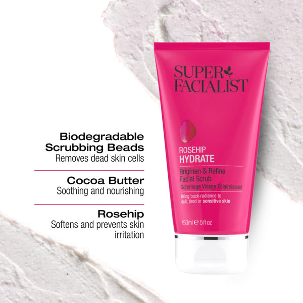 Infographic highlighting the facial scrub's key ingredients including scrubbing beads, cocoa butter and rosehip