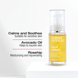 Rosehip Oil infographic highlighting key product ingredients and benefit