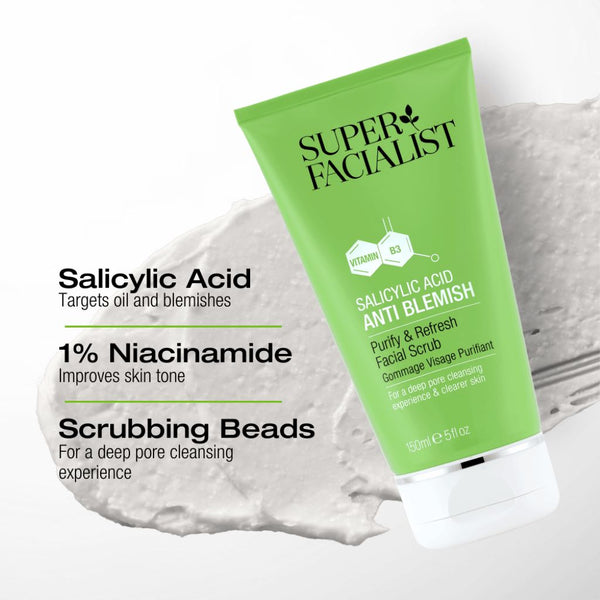 Infographic highlighting salicylic acid and niacinamide ingredients in the facial scrub