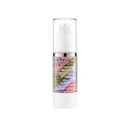 Primer bottle with pink, green and purple swirls inside in front of a white background