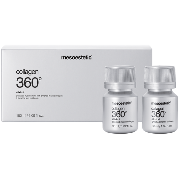Two vials of mesoestetic Collagen 360 Degree Elixir in front of its box packaging